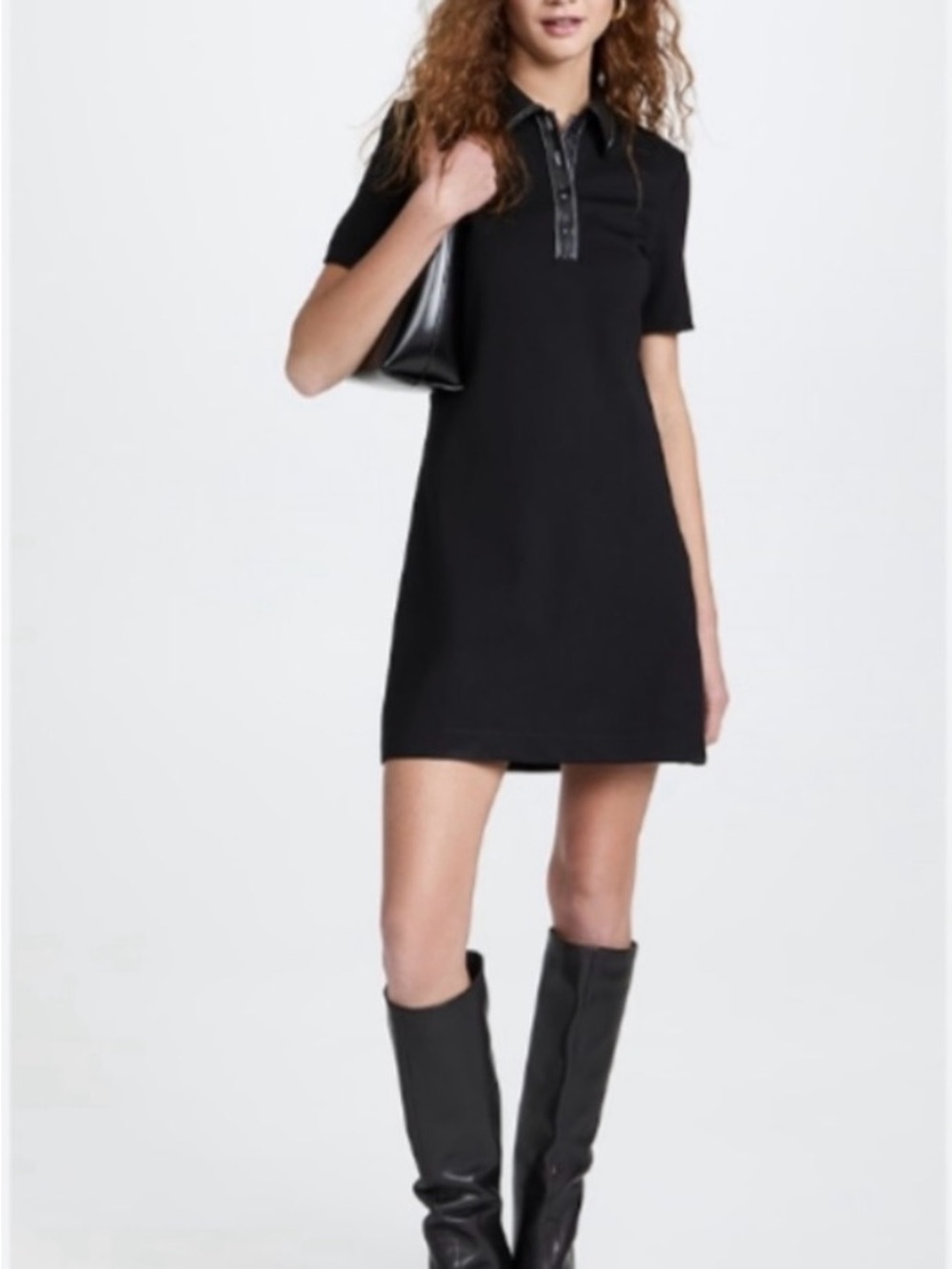 Staud black Jay mini polo Dress with faux leather collar sz S